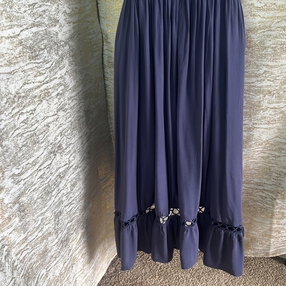 New Feeling Navy Blue Crochet Cutout Ruffle Hem High-Low Dress Size M - Picture 10 of 17